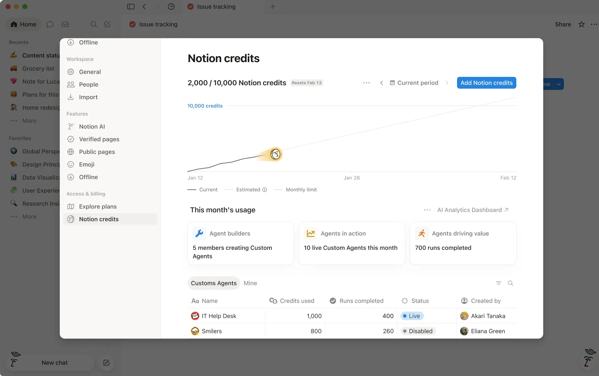 Click the blue “Add Notion credits” button on your dashboard to buy credits.