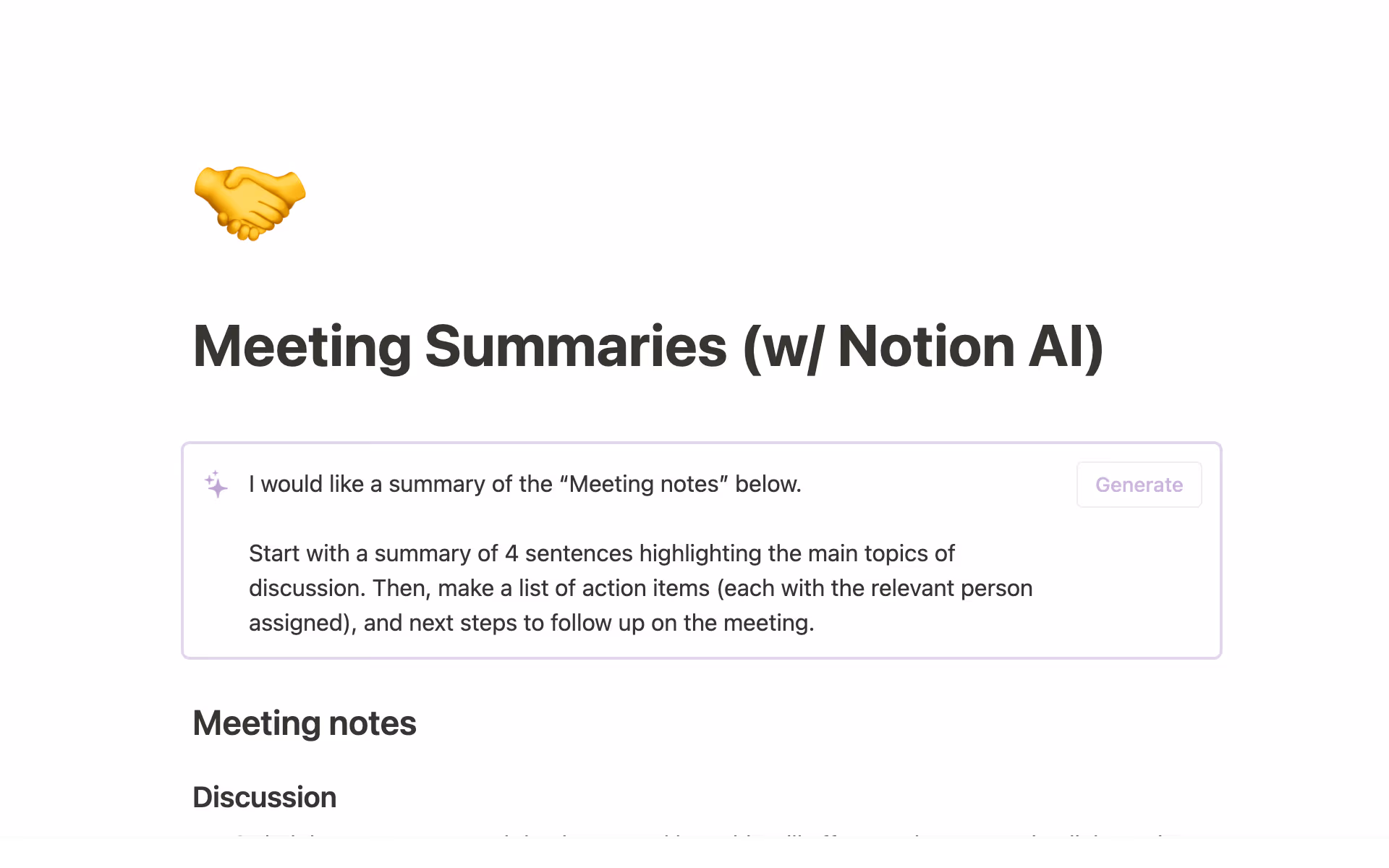 Notion AI’s interface shows a prompt to summarize meeting notes and generate action items from discussion content.