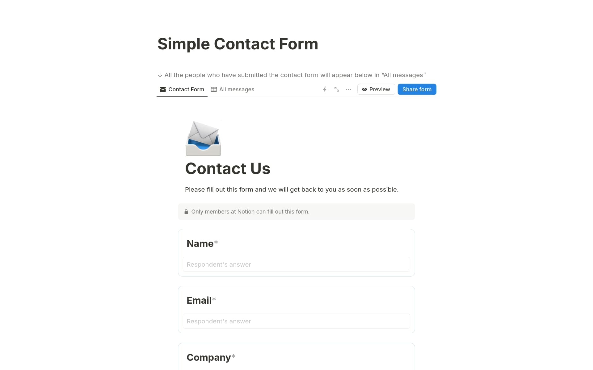 ตัวอย่างเทมเพลตสำหรับ Simple contact form