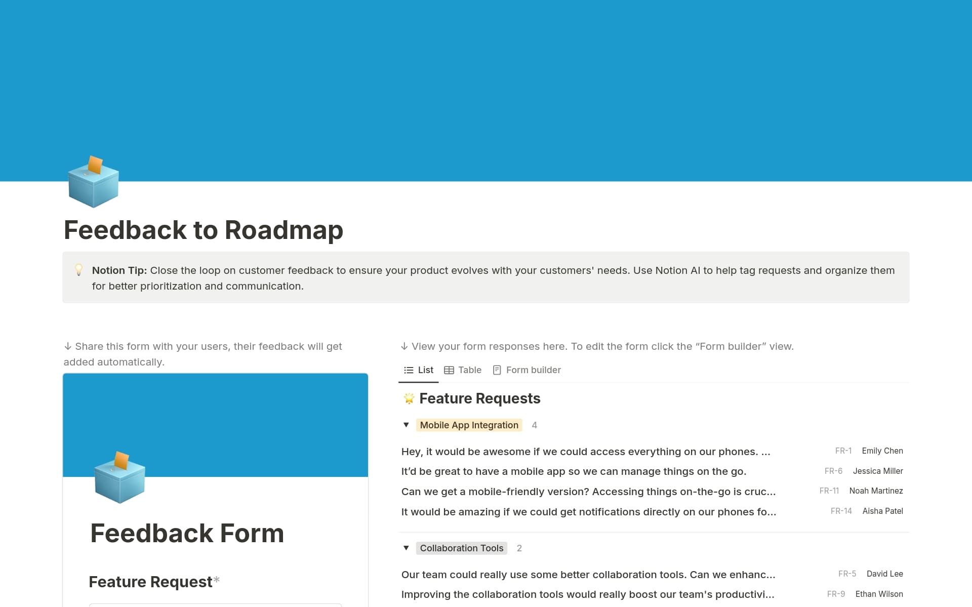 ตัวอย่างเทมเพลตสำหรับ Feedback to Roadmap